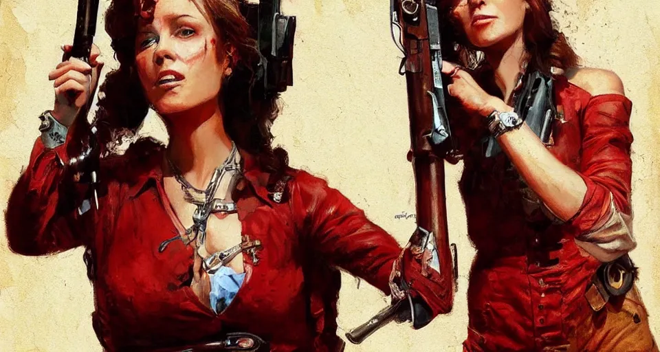 Image similar to a woman in a red wild west dress holding a shotgun, realistic painting by drew struzan, anatomically correct, beautiful, soft lighting, artstation