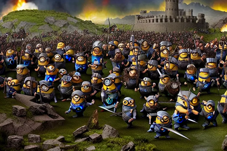 Image similar to diorama of minions fighting orcs in the battle of helm's deep, giant castle walls, realistic, 4 k, detailed