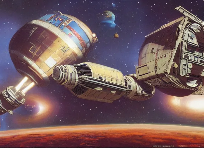 Prompt: abandoned space station drifting in empty space, matte painting, peter elson, chris foss