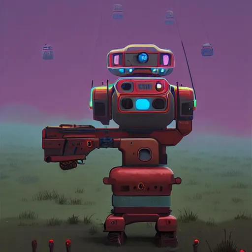 Prompt: a heavily armed battlebot, extremely detailed digital art by simon stalenhag
