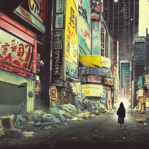 Image similar to incredible wide screenshot, ultrawide, simple watercolor, rough paper texture, ghost in the shell movie scene, backlit distant shot of girl in a parka running from a giant robot invasion side view, yellow parasol in deserted dusty shinjuku junk town, broken vending machines, bold graphic graffiti, old pawn shop, bright sun bleached ground, mud, fog, dust, windy, scary robot monster lurks in the background, ghost mask, teeth, animatronic, black smoke, pale beige sky, junk tv, texture, brown mud, dust, tangled overhead wires, telephone pole, dusty, dry, pencil marks, genius party,shinjuku, koji morimoto, katsuya terada, masamune shirow, tatsuyuki tanaka hd, 4k, remaster, dynamic camera angle, deep 3 point perspective, fish eye, dynamic scene