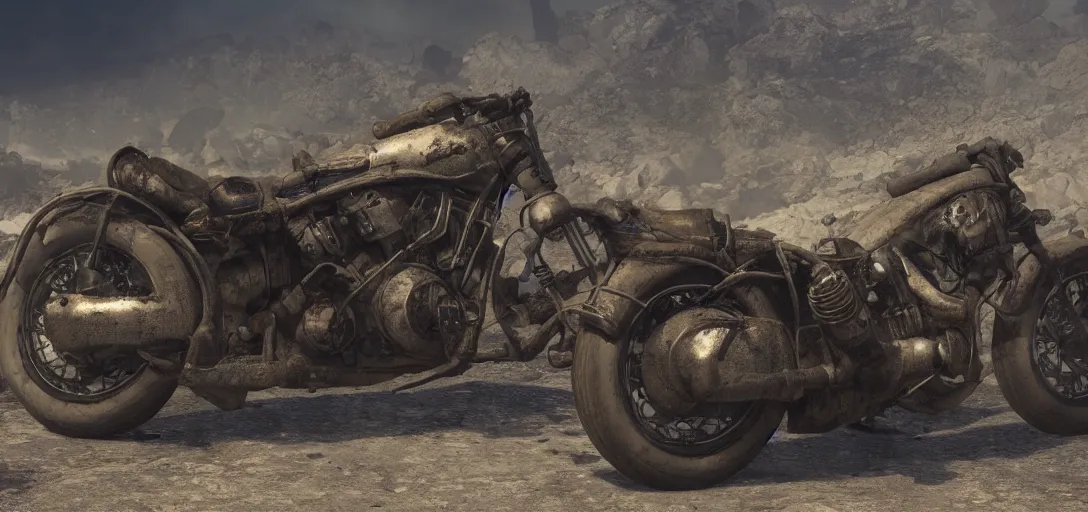 Prompt: fallout motorcycle, 8 k photorealistic, hd, high details, trending on artstation