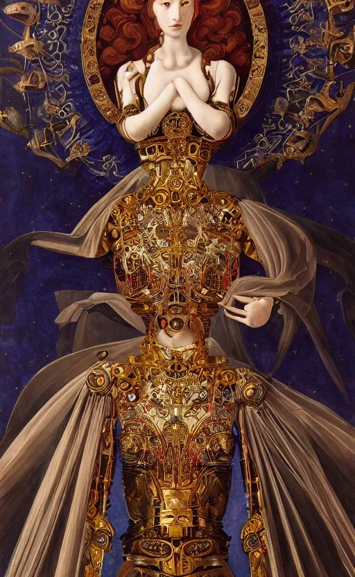Prompt: beautiful mural of the young cyborg empress, piercing glowing robot eyes, elegant, royal ornamental gown, striking composition, highly detailed ornate sci fi background, mural in the style of sandro botticelli, caravaggio, albrecth durer, 8k