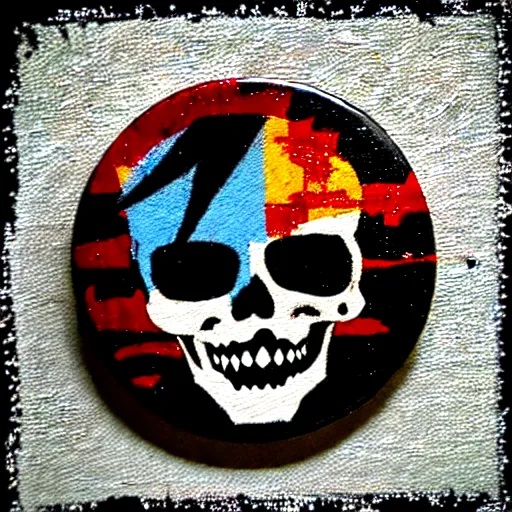 Prompt: painting on a badge!!!!, punks not dead!, exploited!!, clash, junk yard, rats!!, god save the queen!!!, punk rock album cover art style, grunge, no future!!!!, glitch effect