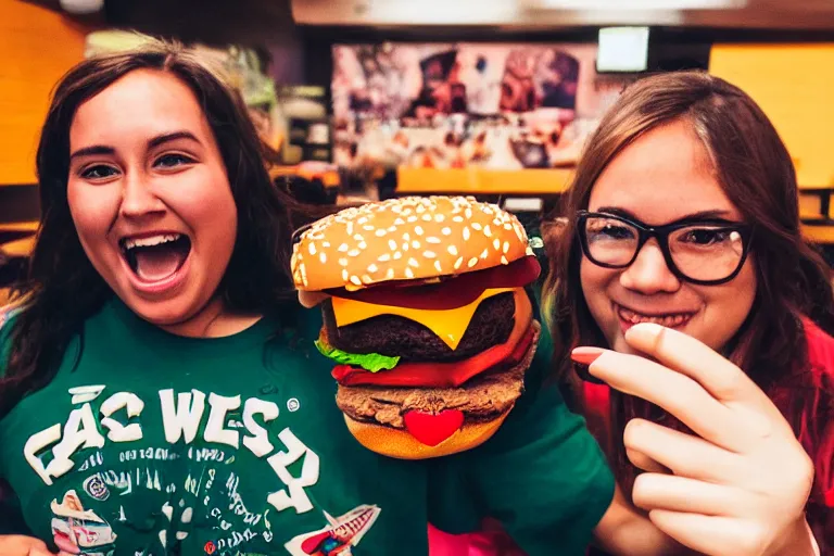 Prompt: I took a selfie with the corporate mascot of fast food chain sativa weed indica burger, selfie photography, 55mm