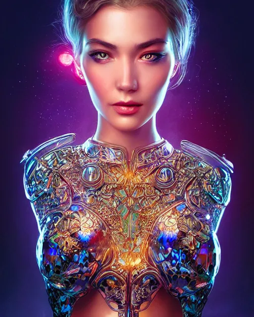 Image similar to a beautiful woman wearing shiny plastic armor inside an ornate bottle of iridescent liquid, alchemy, intricate, bloom, detailed, volumetric lighting, sharp focus, photorealism, digital painting, highly detailed, concept art, by by artgerm and wlop