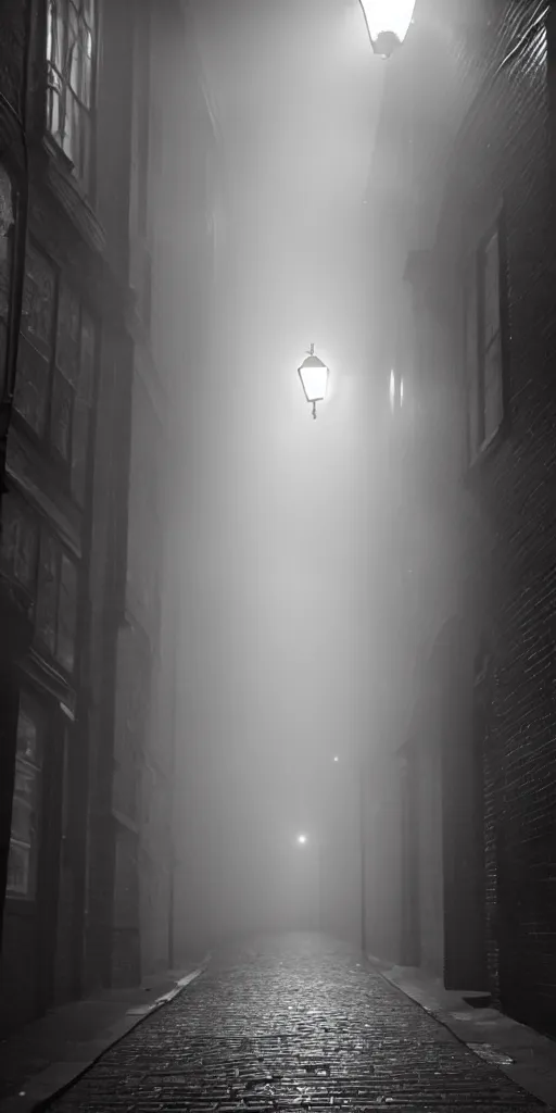 Image similar to night photo: Scary, foggy victorian alley in London with one distant gas light illuminating bloody cobblestones.