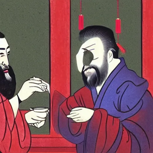 Image similar to confucius, lao tzu, jesus drinking tea in a chinese tea house, happy, smiling, fist bumping