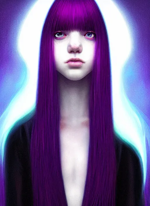 Image similar to hair whitebangs hair, black hair, whitebangs, portrait of teenage girl with white bangs, red irises, purple clothes, white bangs, bangs are different color from hair, intricate, elegant, glowing lights, highly detailed, digital painting, artstation, concept art, smooth, sharp focus, illustration, art by wlop, mars ravelo and greg rutkowski