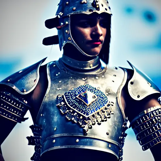 Prompt: photo of a real-life beautiful warrior with sapphire encrusted armour