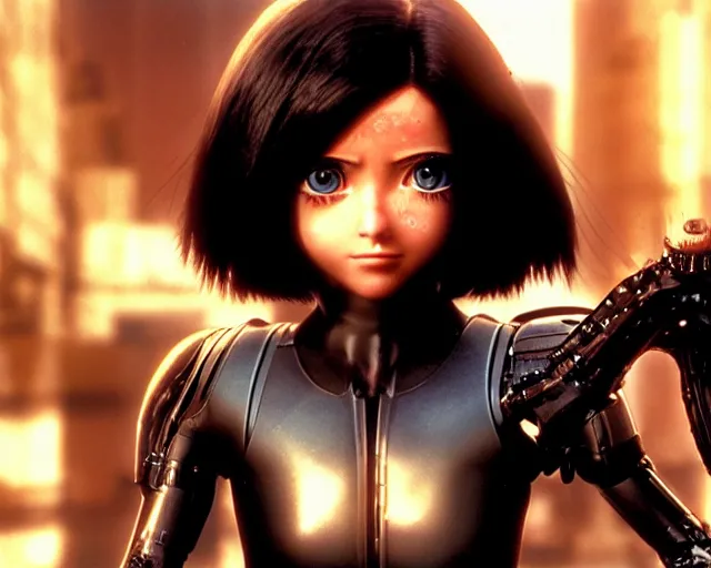 Image similar to a beautiful film still from battle angel alita, futuristic, cinematic lighting, photorealistic, lifelike, highly detailed, photorealistic, high resolution