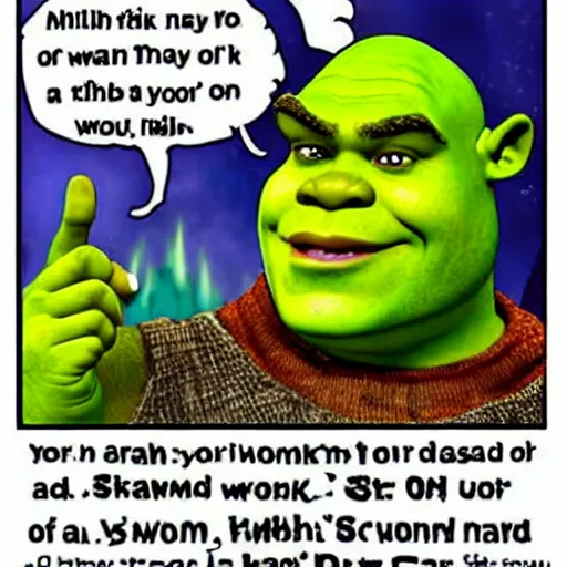 Image similar to Shrek is really angry and he's screaming. His swamp and shack house is burning down. Tears are coming out of his eyes.