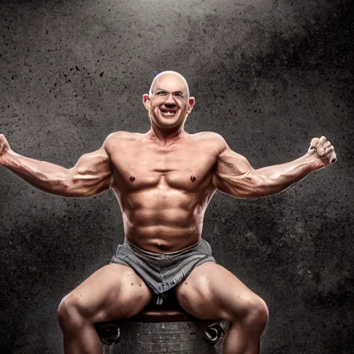 Image similar to a muscular bald man with engines on his back and drainage pipes from his arms, diesel engine, gasoline engine, combustion engine, high definition photograph