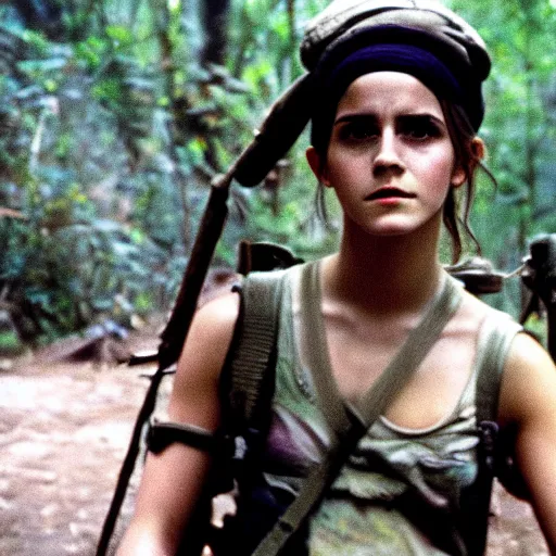 Prompt: film still, close up, portrait, emma watson soldier hiking through dense vietnam jungle, film still from apocalypse now ( 1 9 7 9 ), 2 6 mm, kodak ektachrome, blue tint ektachrome film,