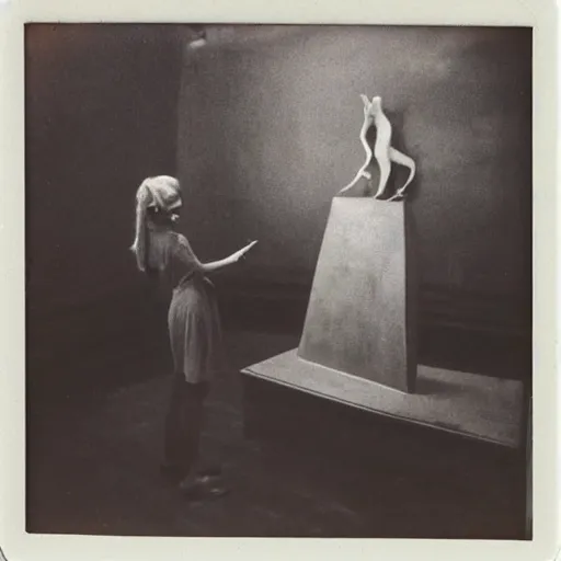 Image similar to polaroid of a skater girl inspecting a sculpture by leonora carrington