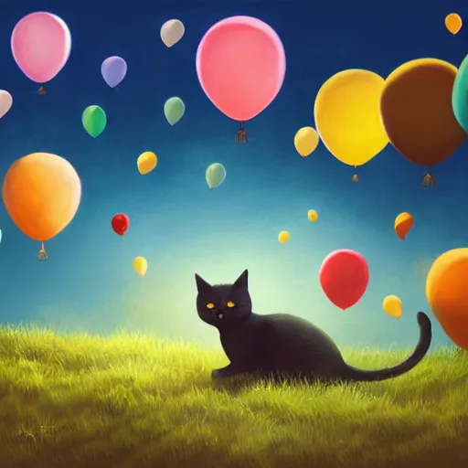 Prompt: a cat on top of a hill under a bunch of balloons, digital art by RHADS, shutterstock contest winner, digital art, behance hd, photoillustration, whimsical