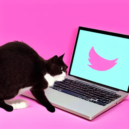 Image similar to a pink cat using a laptop full of twitter stickers