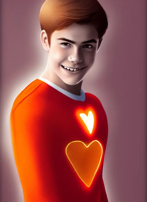 Prompt: friendly teenage archie andrews wearing an orange superhero costume with heart logo, freckles, pureheart the powerful, heart emblem on chest, cape, intricate, elegant, glowing lights, highly detailed, digital painting, artstation, sharp focus, illustration, art by wlop, mars ravelo and greg rutkowski