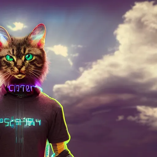 Prompt: colorful cyberpunk cat with 2 heads walking on clouds, realistic, 4 k
