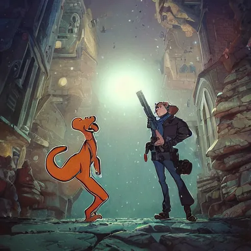 Prompt: scooby doo with a gun, light dust, magnificent, close up, details, sharp focus, elegant, highly detailed, illustration, by Jordan Grimmer and greg rutkowski and PiNe(パイネ) and 薯子Imoko and 香川悠作 and wlop and maya takamura, intricate, beautiful, Trending artstation, pixiv, digital Art