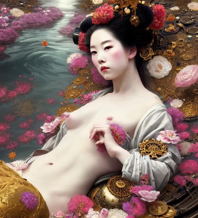 Image similar to baroque portrait of one geisha woman of porcelain skin with steampunk elements lying down in a river made of thousand of flowers, cinematic lighting, photorealistic, octane render, 8 k, depth of field, art by artgerm and greg rutkowski and alphonse mucha and uang guangjian