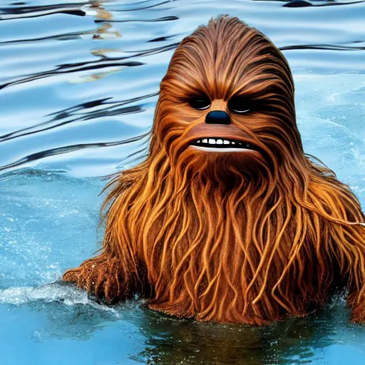 Image similar to Chewbacca swimming in brown water