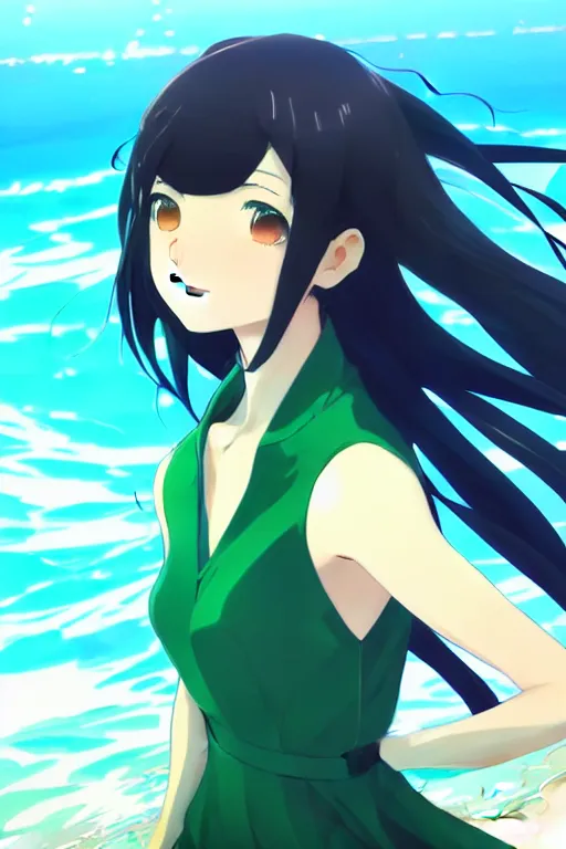Image similar to makoto shinkai, artgerm, ilya kuvshinov, beautiful anime women with green dress, long blue hair, water powers water swirling, symmetrical face, symmetrical eyes, detailed, beach setting, cinematic lighting
