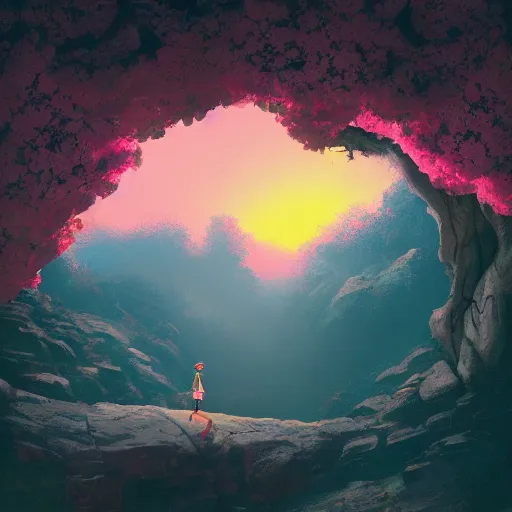 Image similar to giant cherry blossom flower as a head, girl walking in a canyon, surreal photography, sunrise, dramatic light, impressionist painting, colorful clouds, digital painting, artstation, simon stalenhag