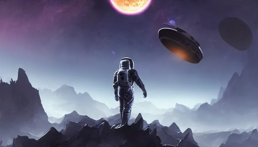 Prompt: A dark astronaut with a dark cape walking on a extremely mountainous alien planet with a big planet with rings in the sky, concept art, trending on DeviantArt, digital art, highly detailed, high quality, 4k, beautiful landscape, calm