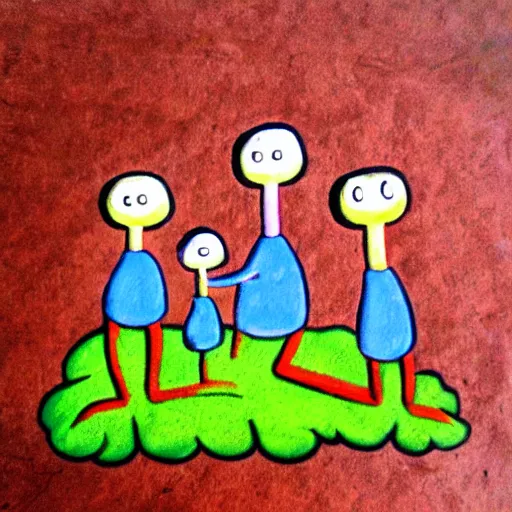 Prompt: little mushroom people with long arms dancing around a cut in half pomegranate like a campfire in the middle of a forest. in the style of an adventure time cartoon.