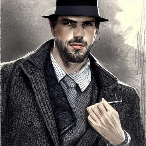 Image similar to portrait of a detective, zoomed in, noir, fedora, tweed coat, confident, handsome, heavy shading, vintage, high quality, by artgerm, artstation, ( ( ( by ilya repin ) ) )