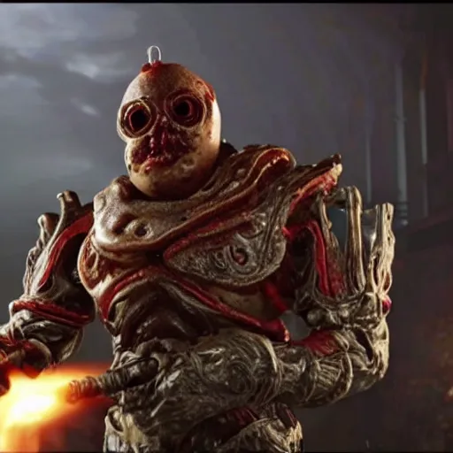 Image similar to burger king kurger bing creepy king mascot in gears of war, cinematic shot