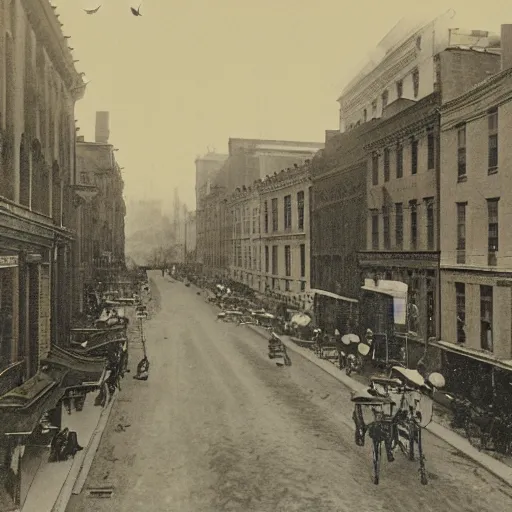 Image similar to grainy 1800s photo of a city street with flying machines above