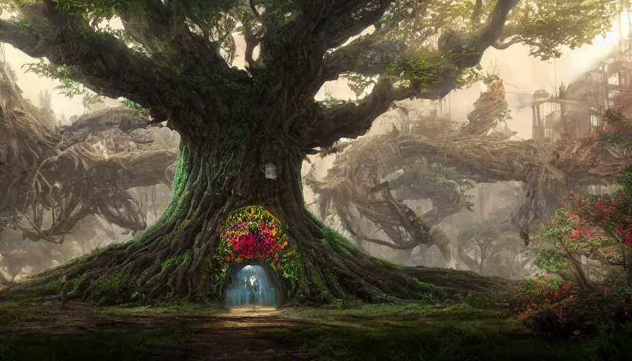 Image similar to ben lo illustration of the largest tree in the world under force field, bioshock concept art, solarpunk, hopeful, colorful, flowers, deity, unreal engine, hyper realism, realistic shading, cinematic composition, realistic render, octane render, detailed textures, photorealistic, wide shot