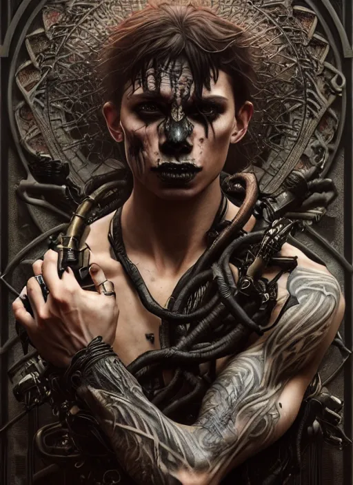 Image similar to ultra realistic, male human predator, goth, tattoos, leather, fantasy, flesh, bone, body horror, intricate details, eerie, highly detailed, octane render, 8 k, art by artgerm and alphonse mucha and greg rutkowski