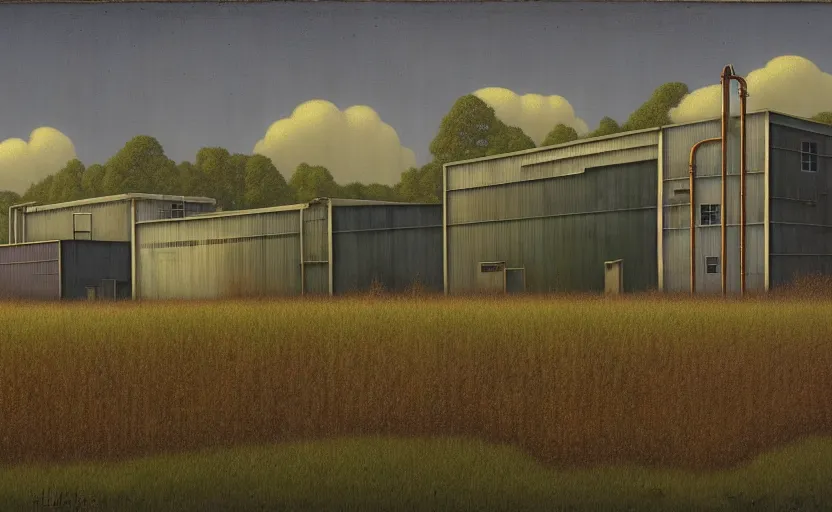 Prompt: industrial buildings surrounded by undergrowth by clarence holbrook carter