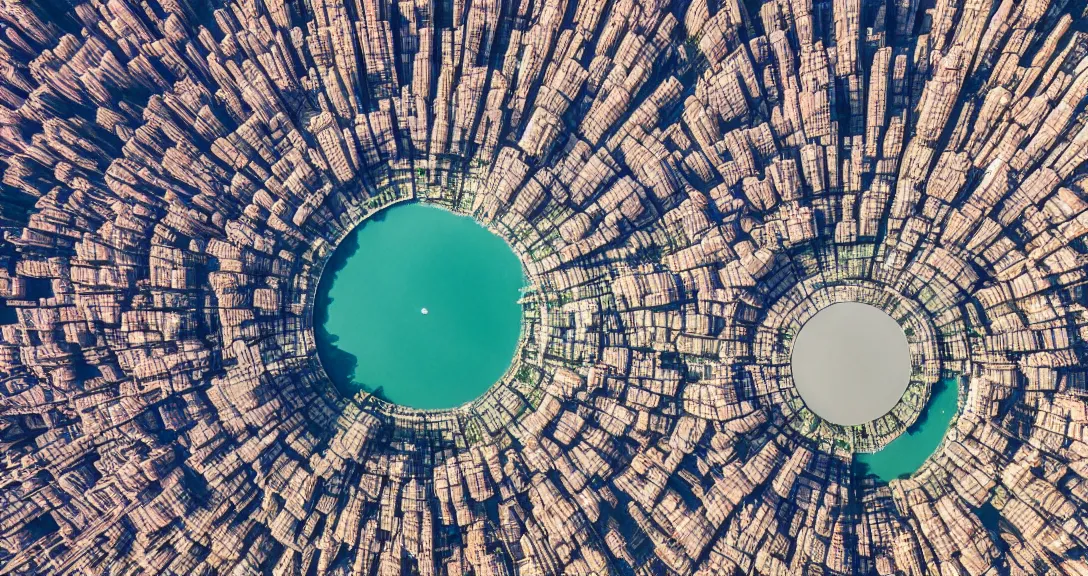 Prompt: Drone Photography, 4k, A Giant Crater On Earth, Surrounded by Futuristic Cities