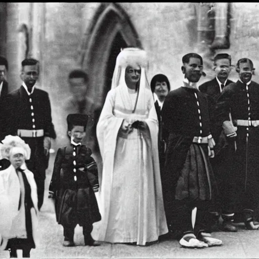 Prompt: The Empress was smiling and waving to the spectators as they waited outside the church in this extreme wide shot, black and white Russian and Japanese combination historical fantasy photographic image of a Royal wedding taken in 1907 by the event's official photographer.