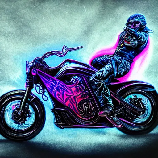 Image similar to psychedelic blacklight airbrush artwork, hyperrealistic motorcycle, hyper stylized action shot of an orc biker riding a motorcycle doing a wheelie, clear focused details, soft airbrushed artwork, black background, cgsociety, artstation