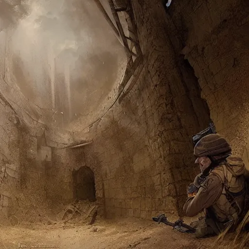 Prompt: two soldiers hiding in an bunker, Matte painting , detailed painting, greg rutkowski
