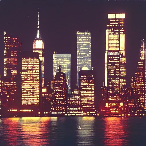 Image similar to Skyline of New York City during the 1980s, cinematic, night, vast, photorealistic, beautiful,