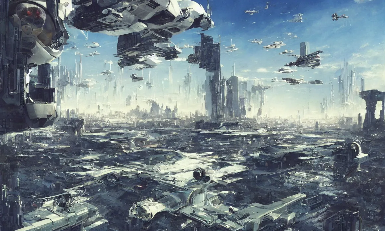 Image similar to gorgeous sci fi imagery | brutalist architecture | landing spot | space and city flying craft | futuristic | beautiful couple in the foreground heading to their hovering transport | futurism | modern couple | futuristic cityscape in the background | medium angle | by john berkey, greg rutkowski, james gurney