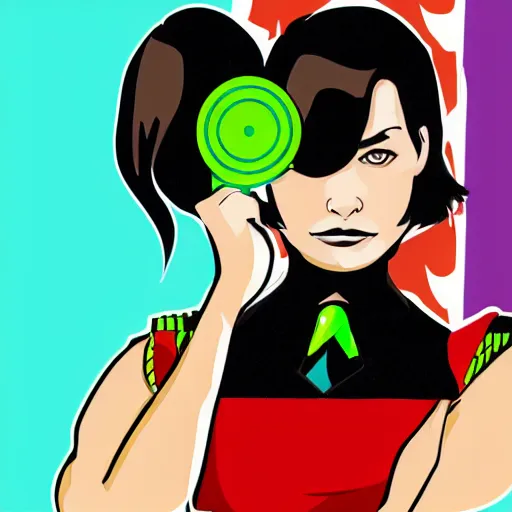 Image similar to brunette woman, short hair, flipped out hair, bright green eyes, black fascist uniform, smirk, cartoon style