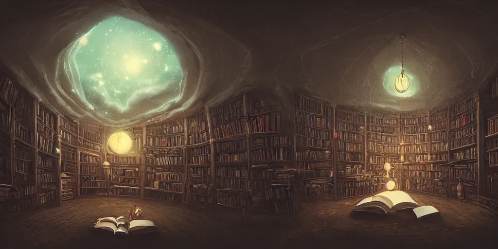 Prompt: magic library, star dome, dreamy, smoke, birds, roses, fairy tale, evening lights, highly detailed, low angle view, artstation, mysterious, comfort, in the style of aetherpunk
