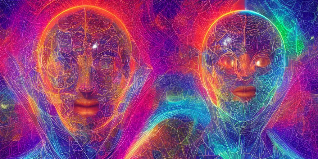 Image similar to transcendence into collaborative intelligence, endless collaboration with ai, connectedness, body, lcd, by alex grey, album cover, award winning, beautiful, colorful, volumetric lighting, trending on artstation, cinematic