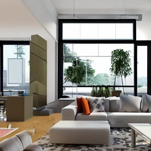 Prompt: photorealistic living room open space big windows