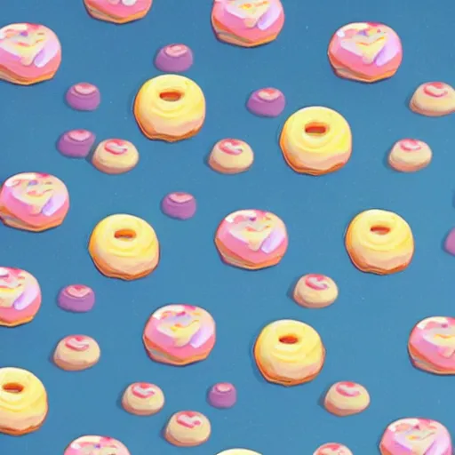 Image similar to raining donuts on a city in a studio ghibli animation