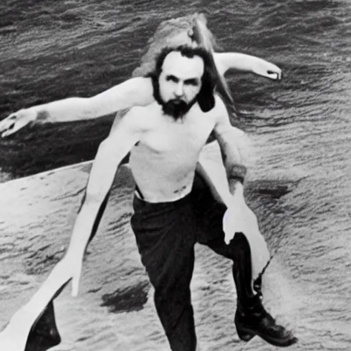 Image similar to charles manson riding a flying fish