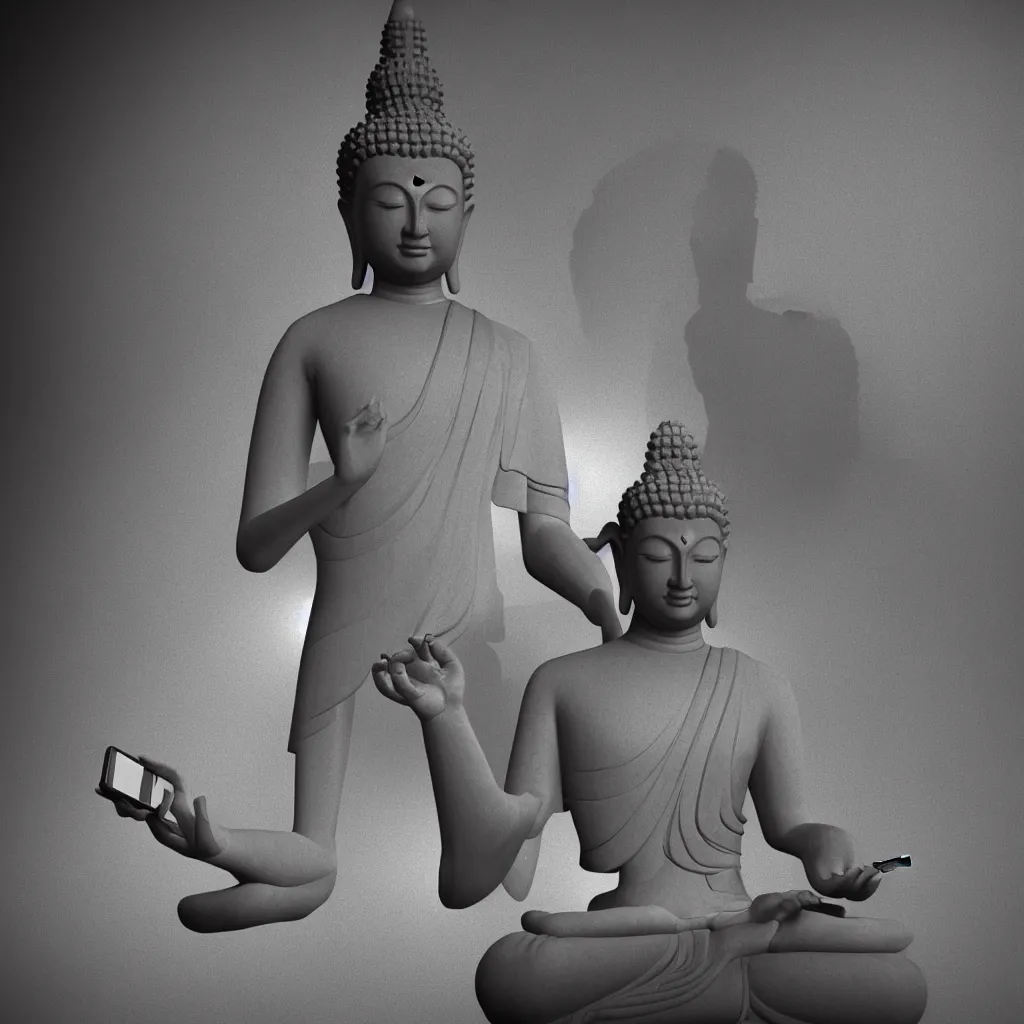 Prompt: 3 d render of a beautiful meditating buddha checking his smartphone, neo noir