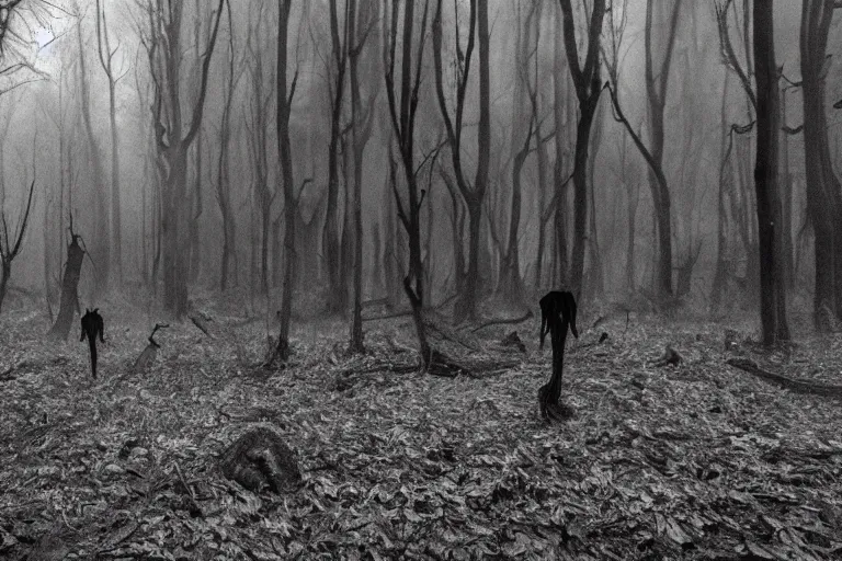 Prompt: photo of monsters lurking on the forest, unsettling atmosphere, eerie, bizarre, horror